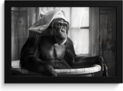 Poster in lijst - Fotolijst 30x20 cm - Posters - Aap - Dier - Bad - Zwart - Wit - Humor - Posterlijst zwart - Wanddecoratie badkamer - Muurdecoratie WC - Decoratieve accessoires - Toilet muur decoratie