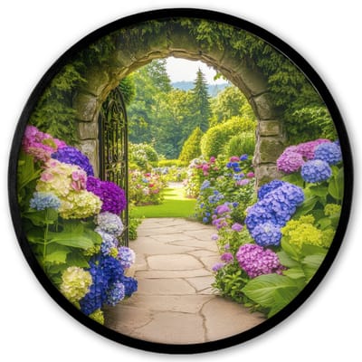 Poster in lijst Rond - Fotolijst 40x40 cm - Posters - Doorkijk - Poort - Hortensia - Bloementuin - Ronde posterlijst zwart - Decoratie - Wanddecoratie woonkamer - Muurdecoratie slaapkamer