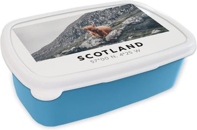 Broodtrommel Blauw - Lunchbox - Brooddoos - Schotland - Schotse Hooglander - Bergen - Dieren - 18x12x6 cm - Kinderen - Jongen