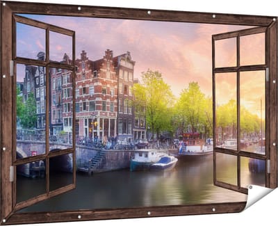 Gards Tuinposter Doorkijk Amsterdamse Grachten - 180x120 cm - Tuindoek - Tuindecoratie - Wanddecoratie buiten - Tuinschilderij
