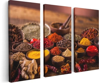 Artaza Canvas Schilderij Drieluik Diverse Kleurrijke Kruiden Op Tafel - 120x80 - Foto Op Canvas - Canvas Print
