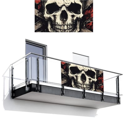 Balkonscherm 200x110 cm - Balkonposter Schedel - Kettingen - Rood - Balkon scherm decoratie - Balkonschermen - Balkondoek zonnescherm