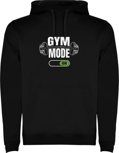Zwarte unisex hoodie met “ Kleurrijke Gym Mode ON – Bodybuilden – Dumbell - Sport – Zet Door – Niet opgeven “ Print Full Color Color merk Roly maat S