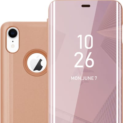 Cadorabo Hoesje geschikt voor Apple iPhone XR in KUNZIET ROZE - Clear View Spiegel Beschermende Case met Tribunefunctie 360 Graden Bescherming Book Case Cover Etui
