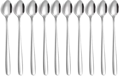 Set van 10 roestvrijstalen theelepels met lange steel, ideaal voor latte, espresso, warme chocolademelk, warme dranken, desserts en ijs - 19,8 cm