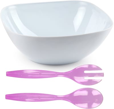 Plasticforte Salade/sla serveerschaal - wit - kunststof - D28 x H11 cm - met sla bestek in het paars - 29 cm