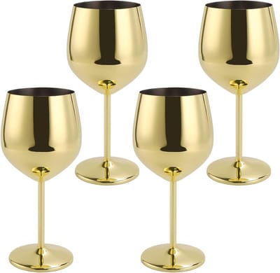 EGoods - Roestvrij Staal Gouden Wijnglazen Set van 4 - Onbreekbare Zilveren Bekers voor Feest Bruiloft Jubileum - 500ml 18oz
