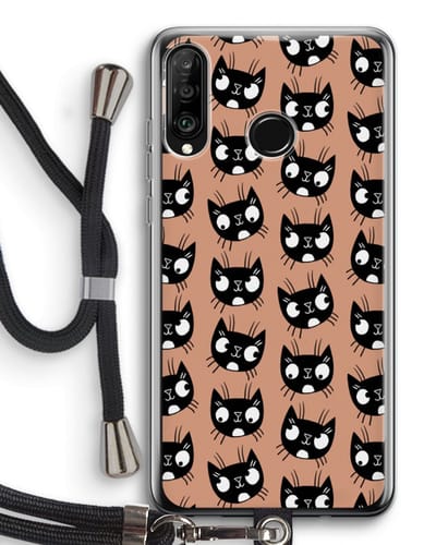 Case Company® - Hoesje met koord geschikt voor Huawei P30 Lite hoesje met Koord - Kat - Telefoonhoesje met Zwart Koord - Bescherming aan alle Kanten en Over de Schermrand