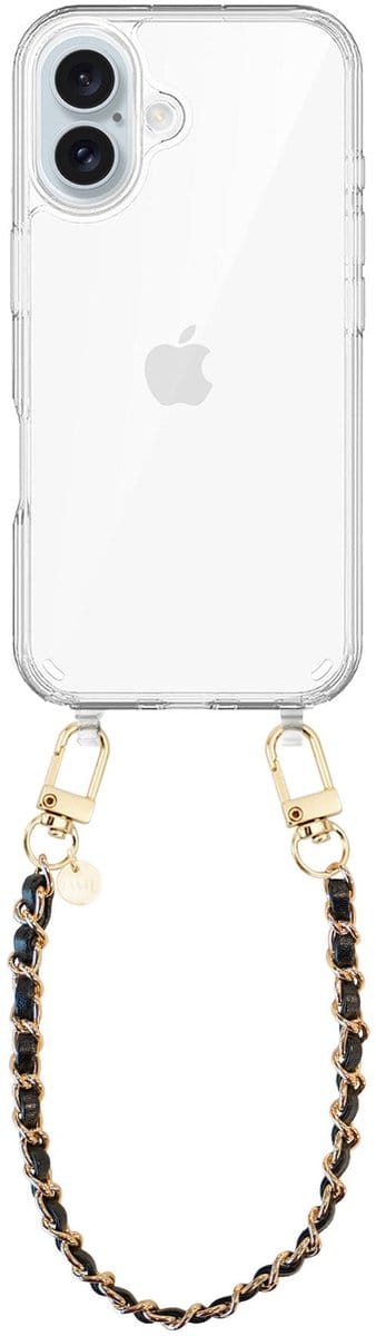xoxo Wildhearts siliconen hoesje geschikt voor iPhone 16 - Classic Chain - Black (kort koord) - Telefoonhoesje - Hoesje met koord - Schakelketting - Kort telefoonkoord - Zwart met goud - Transparant hoesje
