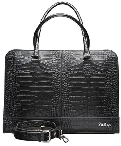 Laptop Bag 15.6 inch - Croco Print Leather - Dutch Design - Made in Italy - Shoulder Bag with Laptop Compartment - Black