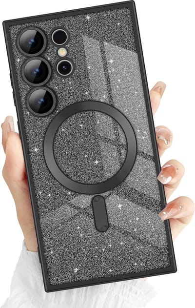 Hoesje Geschikt Voor Samsung Galaxy S24 Ultra Magsafe hoesje Zwart- Lens beschermer glitter backcover