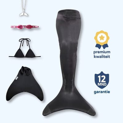 All Black zeemeerminstaart maat 122-128 met bikini - monovin met voetvakken - zwembril en ketting