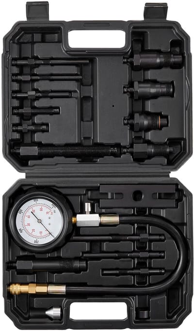 Compressietester voor Dieselmotoren, 18-Delige Cilinderdruktestset, 0-1000 PSI Manometer met Adapters, Dieselinjectieverstuivertester voor Vrachtwagens, Tractoren, Apparatuur