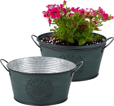 Sunnydays Teil/plantenpot/bloempot - 2x - zink - rond - petrolblauw - D25 x H12 cm