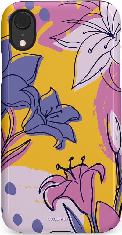 Casetastic Hoesje Geschikt voor Apple iPhone Xr - Stijlvolle Beschermende Duo-layer Case - Paarse Lelie Kunst