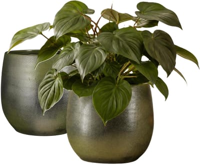 Mica Decorations Plantenpot - 2x - keramiek - donkergroen glans / ribbels - D31 x H32 cm - bloempot Havana