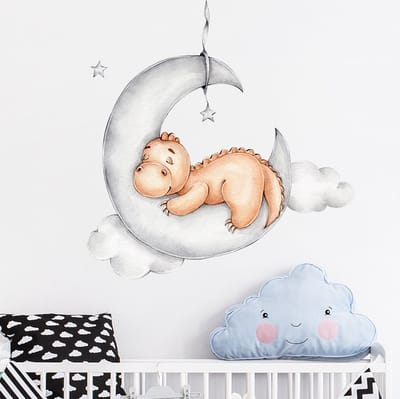 Stickerkamer® - Muursticker - babykamer dino op maan - wolken