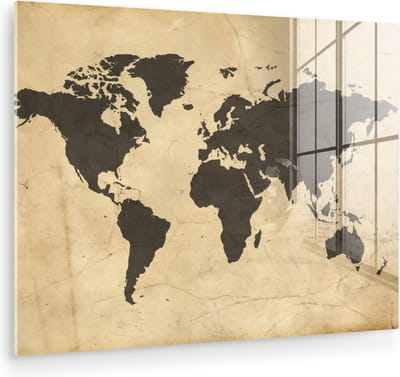 MuchoWow® Glasschilderij 80x60 cm - Schilderij acrylglas - Wereldkaart - Sepia - Vintage - Bruin - Foto op glas - Muurdecoratie woonkamer - Wanddecoratie slaapkamer - Schilderijen