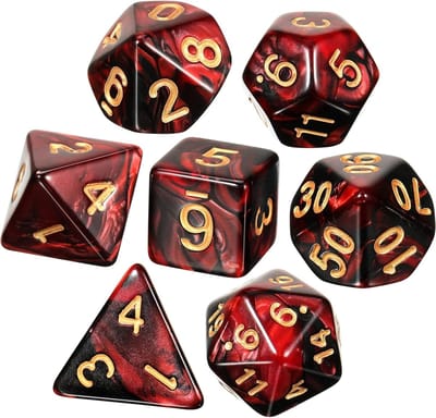 Thijox - 7-delige Polyedrische DND Dobbelstenen Set met Zwarte Zak - Rood Zwart - Ideaal voor Rollenspellen, Kerker en Dragons, Pathfinder RPG - Helde