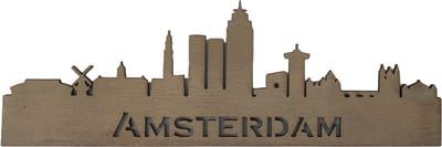 Houten skyline Amsterdam - Wanddecoratie / muurdecoratie - 38cm x 13cm - Het Rijksmuseum - De Grote Kerk - De Torensluis - Paleis op de Dam