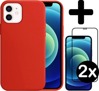 Hoesje - Met 2x Screenprotector - Geschikt voor Apple iPhone 12 - Sterk & Shockproof - Telefoon Hoes - Back Cover - Siliconen Case - Telefoonhoes - Rood