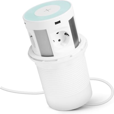 DELIGHT - Inbouw Pop-Up Tafelblad Stekkerdoos met 2x USB -A / 4 Stopcontacten / Draadloos oplaadpunt QI / 2x USB-C - Wit - Lage inbouwdiepte