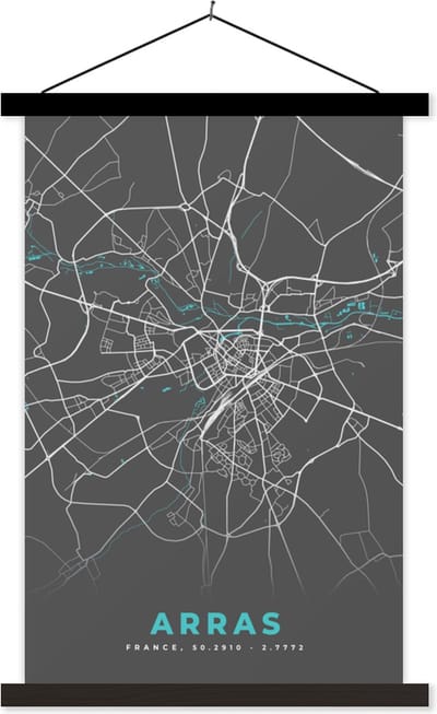 Posterhanger incl. Poster 40x60 cm - Schoolplaat - Frankrijk - Kaart - Arras - Plattegrond - Stadskaart - Textielposter - Zwarte latten - Stadskaart