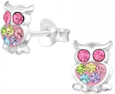Joy|S - Zilveren uil oorbellen - 6 x 8 mm - zilver roze met gekleurde kristalletjes - kinderoorbellen