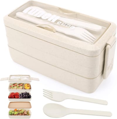 VHV-3-Laagse Bento Lunchbox Beige - 1000ml Meal Prep Container met Bestekset - Stapelbare Etenhouder voor Werk en School - Magnetron en Vaatwasserbestendig - Duurzame Maaltijdbox