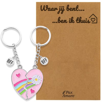 Koppel Sleutelhanger voor 2 'Waar jij bent, ben ik thuis' - Roze Hartje met Bloem - Sleutelhanger set op Cadeau Kaartje - Zilverkleurig - Persoonlijke Hanger - Pax Amare