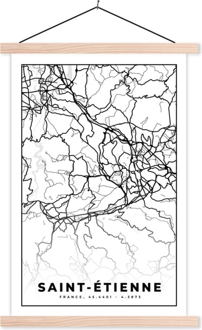 Posterhanger incl. Poster 40x60 cm - Schoolplaat - Stadskaart - Saint-Étienne - Plattegrond - Kaart - Frankrijk - Zwart wit - Textielposter - Blanke latten - Stadskaart