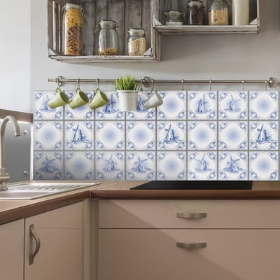 Zelfklevende tegelmuurstickers voor keuken en badkamer - 9 Delftse cementtegelstickers - 9 stickers 10x10 cm