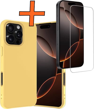 Hoes - Met Screenprotector - Geschikt voor Apple iPhone 16 Pro - Sterk & Shockproof - Back Cover - Siliconen Case - Telefoon Hoes - Geel
