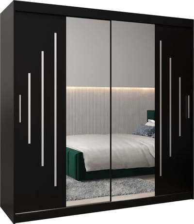 InspireMe - Kledingkast met 2 schuifdeuren, Modern-stijl, Een kledingkast met planken en een spiegel (BxHxD): 200x200x62 - MALTESE I 200 Zwart Mat