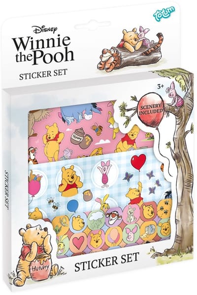 Winnie de Poeh Totum sticker set - 3 vellen stickers en speelachtergrond - creatief speelgoed junior jongens en meisjes vanaf 3 jaar