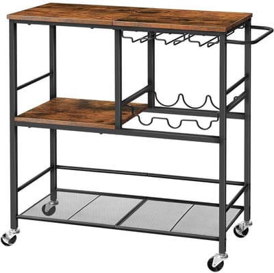 IMstore - Server Trolley - Keuken Trolley - Mobiel en Lockable - Vintage Bruin en Zwart - Wijn Trolley - Geschikt voor Eetkamer en Bar - 3 Vloeren