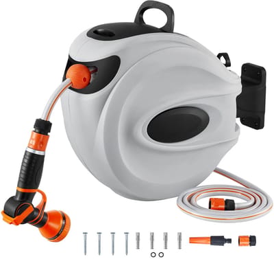 Velori Intrekbare Slanghaspel 20 m - Automatische Tuinslanghaspel - Wandgemonteerde Slanghaspel - 180° Draaibaar - Inclusief 9-Standen Sproeikop - 1/2 Inch