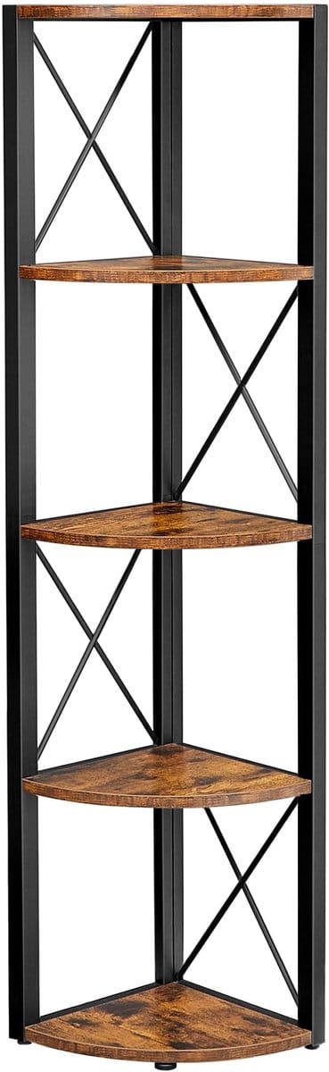 Hoekrek, opbergrek, vitrinekast, plantenrek, boekenkast met 5 open vakken. Eenvoudig te monteren, stevig metalen frame. Geschikt voor woonkamer, slaapkamer, balkon en keuken. 30 x 30 x 160 cm, bruin + zwart.