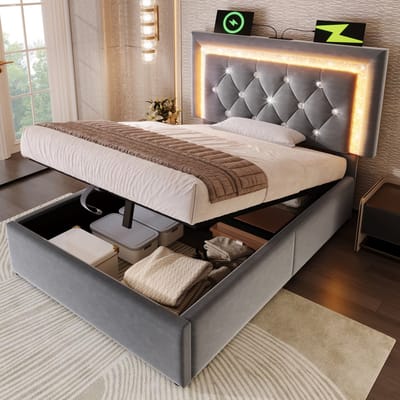 Sweiko Gestoffeerd bed - 90x200 cm - LED-verlichting - USB/Type-C - Opbergruimte - Grijs
