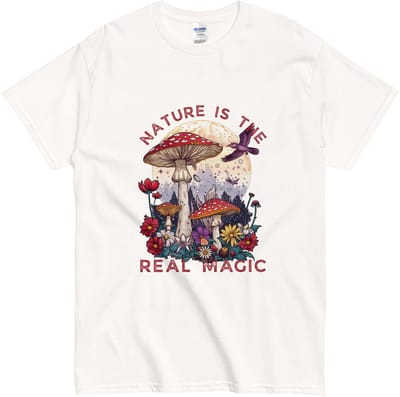 Natuur T Shirt met Magische Opdruk - Herfst Cadeau Dames & Heren - Bloemen Maan Paddenstoel - Wit - S