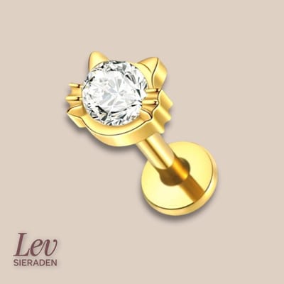 Lev Sieraden - Goud kleur Titanium Push Pin Labret piercing met poes kop en steen