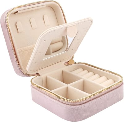 Mmgoqqt Kleine reissieradendoos van fluweel met spiegel - Kleine sieradendoosorganizer voor meisjes en vrouwen - Mini sieradenopbergdoos - Kan ringen- oorbellen- kettingen- armbanden opbergen-roze