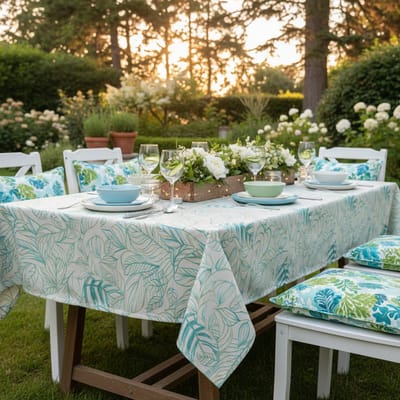 Vierkant Tafelkleed Saint Tropez – 140x140 cm –Bladeren Print – Katoen – Crème, Blauw & Groen