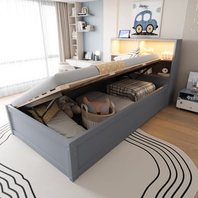 SINGULARITY-Slaapbank 90x200- met stopcontacten en diverse opbergvakken- met lichtbalk- hydraulisch bed- massief houten bed- eenpersoonsbed- multifunctioneel houten bed- grijs.- Zonder matras