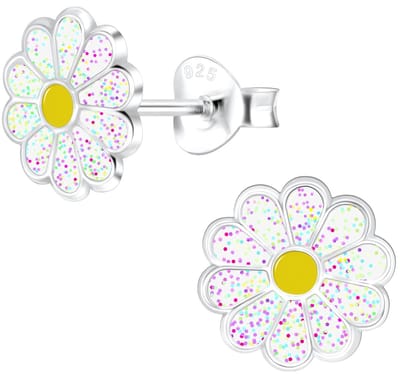 Joy|S - Zilveren Madelief bloem oorbellen - 8 mm - wit glitter met geel