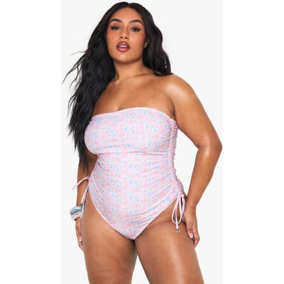 boohoo Dames Plus Schelpenprint Pareltrim Bandeau Badpak | Kaki | Maat: 52
