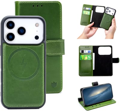 Casemania Echt Leren Hoesje Geschikt voor Apple iPhone 17 Pro - Olive Green - Geschikt voor MagSafe - Leer 2 in 1 Magnetisch Afneembare Book Case - Portemonnee Telefoonhoesje met Pasjeshouder