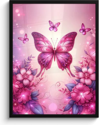 Poster in lijst - Fotolijst 60x80 cm - Posters - Vlinder - Roze - Bloemen - Posterlijst zwart - Kamer decoratie - Wanddecoratie kinderkamer - Muurdecoratie babykamer