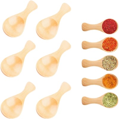 6-stuks Kruidenlepel - Mini houten lepel -Kleine houten zoutlepel - Roerlepel - Met korte steel - Geschikt voor kleine potjes jam, kruiden, suiker, honing, koffie, thee, ijs, melkpoeder - Beige