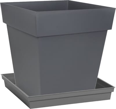 Bloempot Toscane vierkant kunststof antraciet grijs L32 x B32 x H32 cm met onderschaal L27 x B27 x H4 cm - Bloempotten/plantenpotten set
